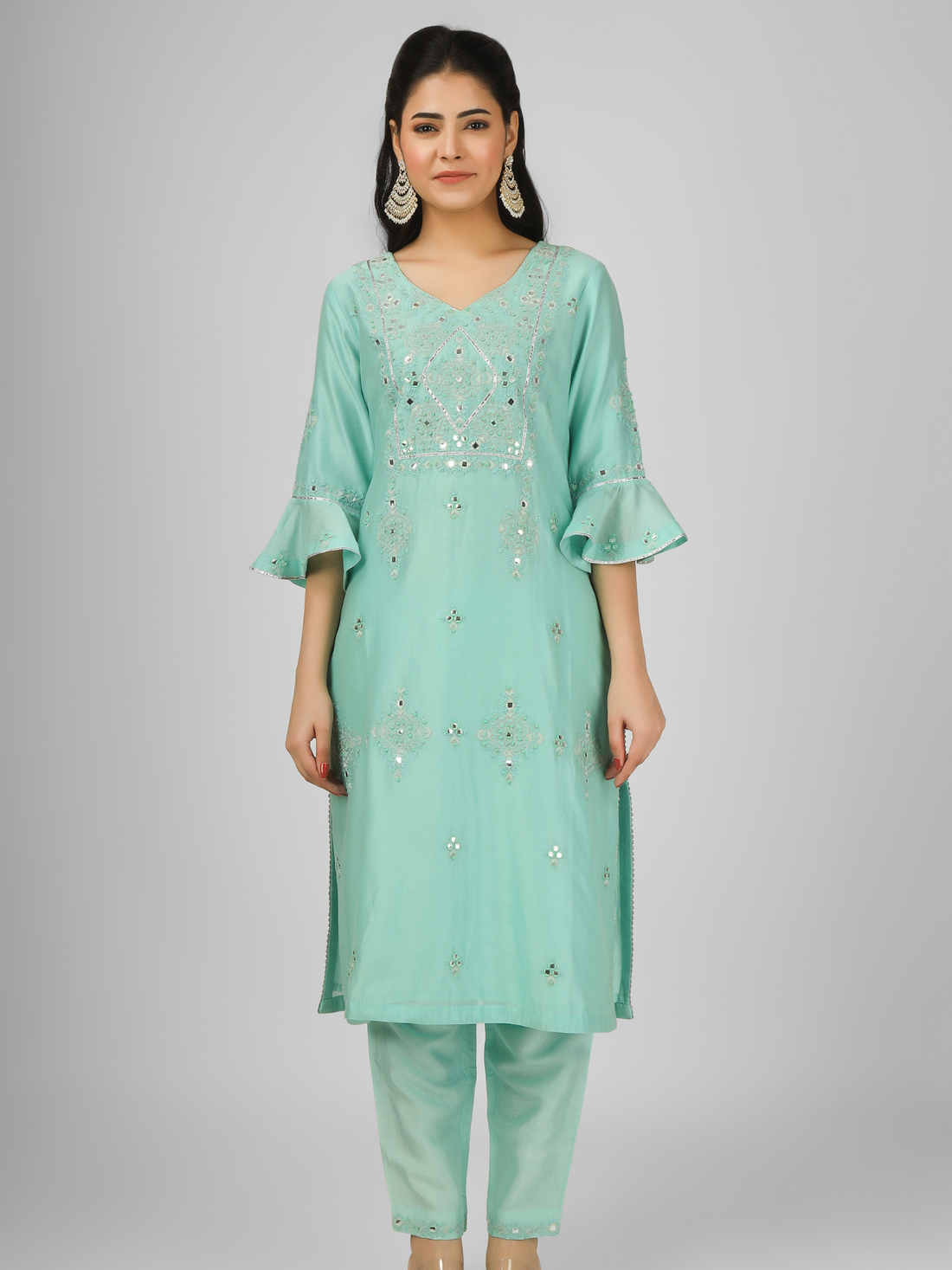 Sea Green Embroidered Silk Chanderi Kurta Set