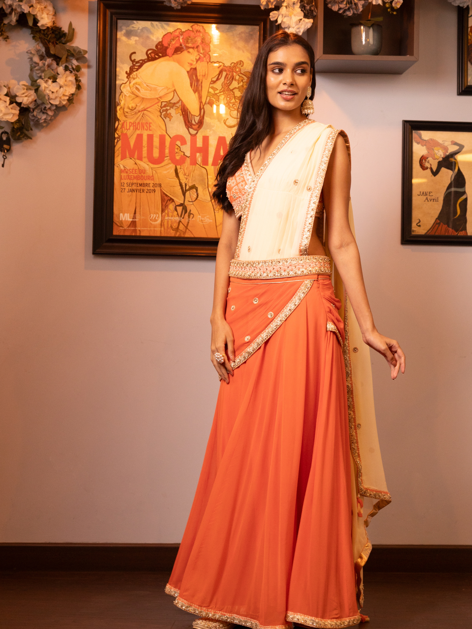 Orange Embroidered Drape Saree Set