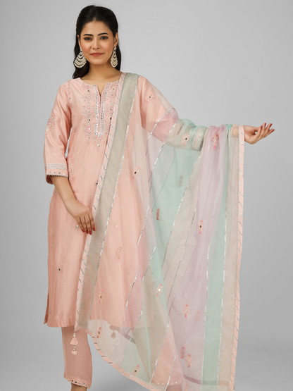 Peach Embroidered Silk Chanderi Kurta Set