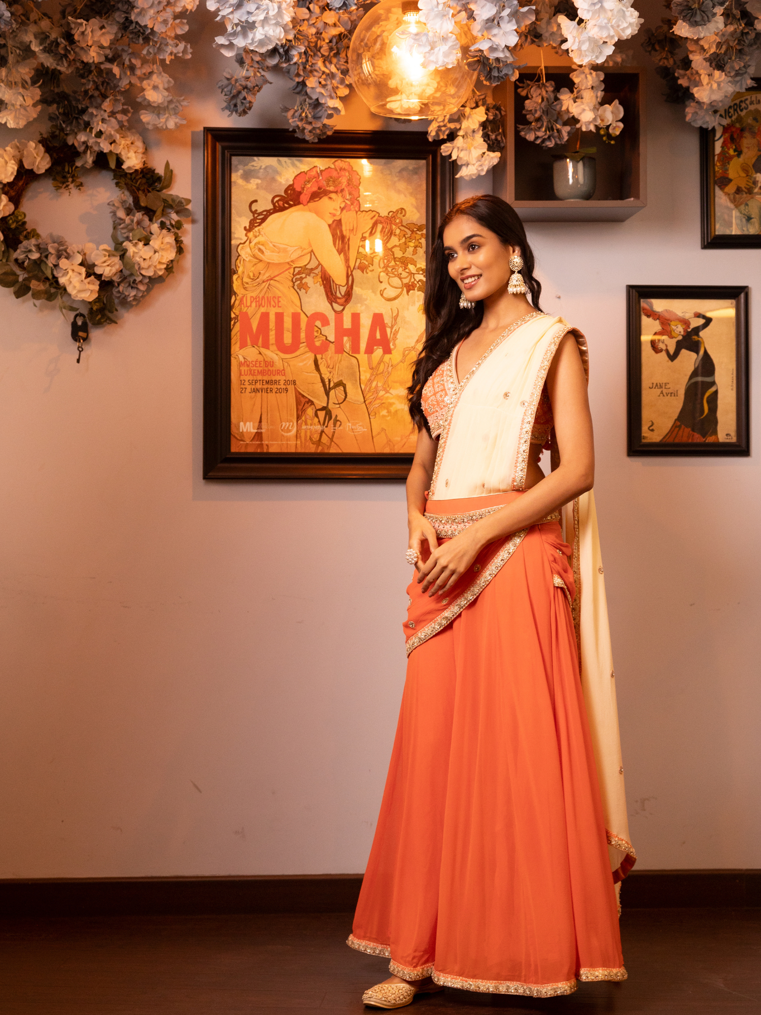 Orange Embroidered Drape Saree Set