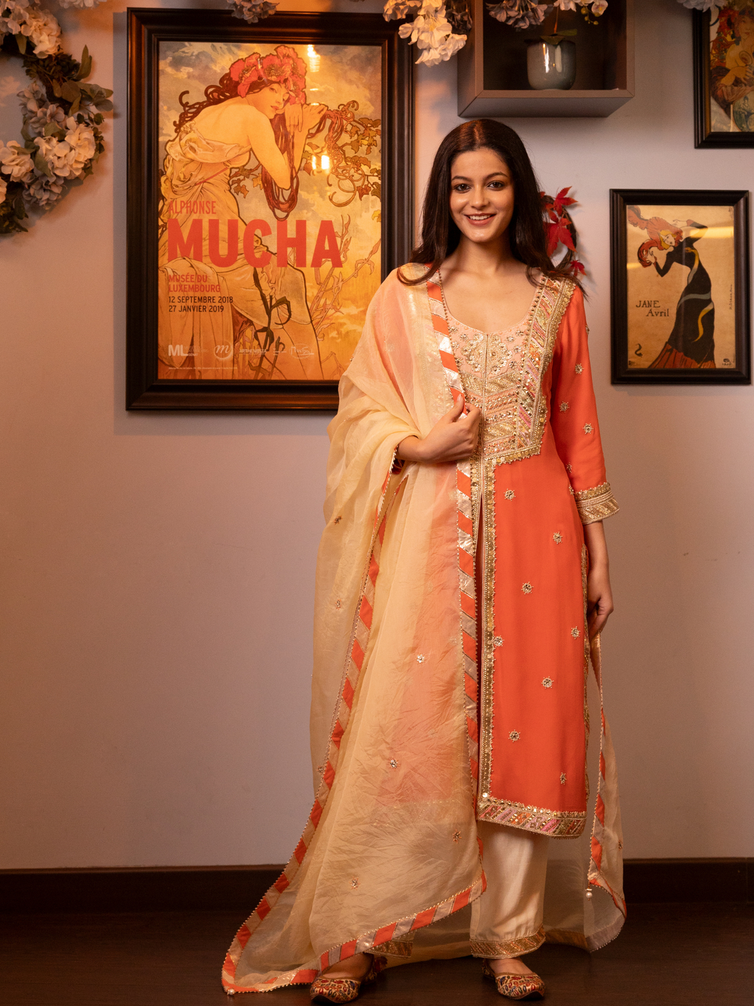 Orange Embroidered Kurta Suit Set