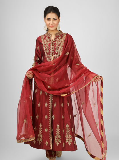 Maroon Embroidered Silk Chanderi Anarkali Set