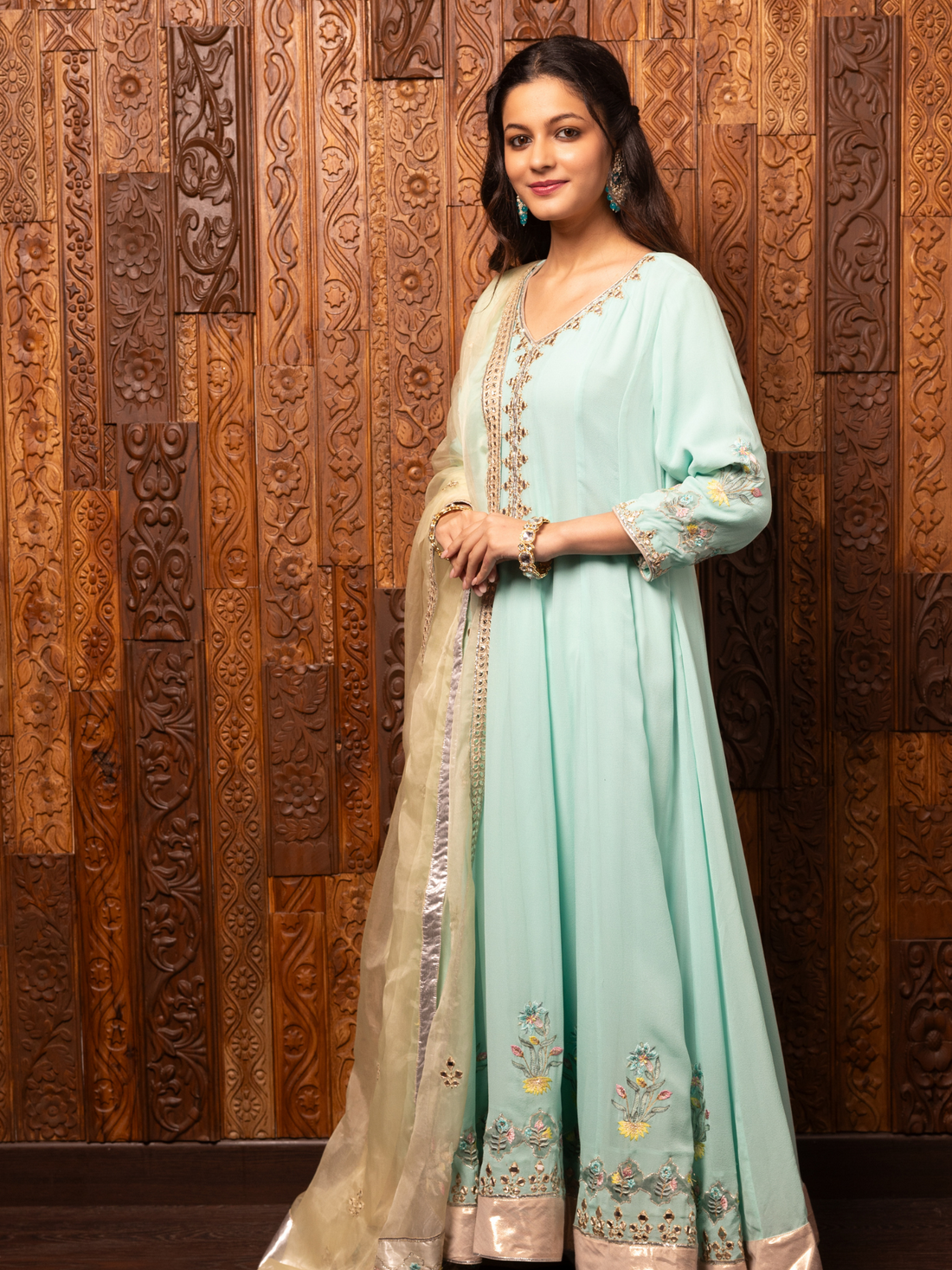 Turquoise Embroidered Silk Georgette Kalidar Set