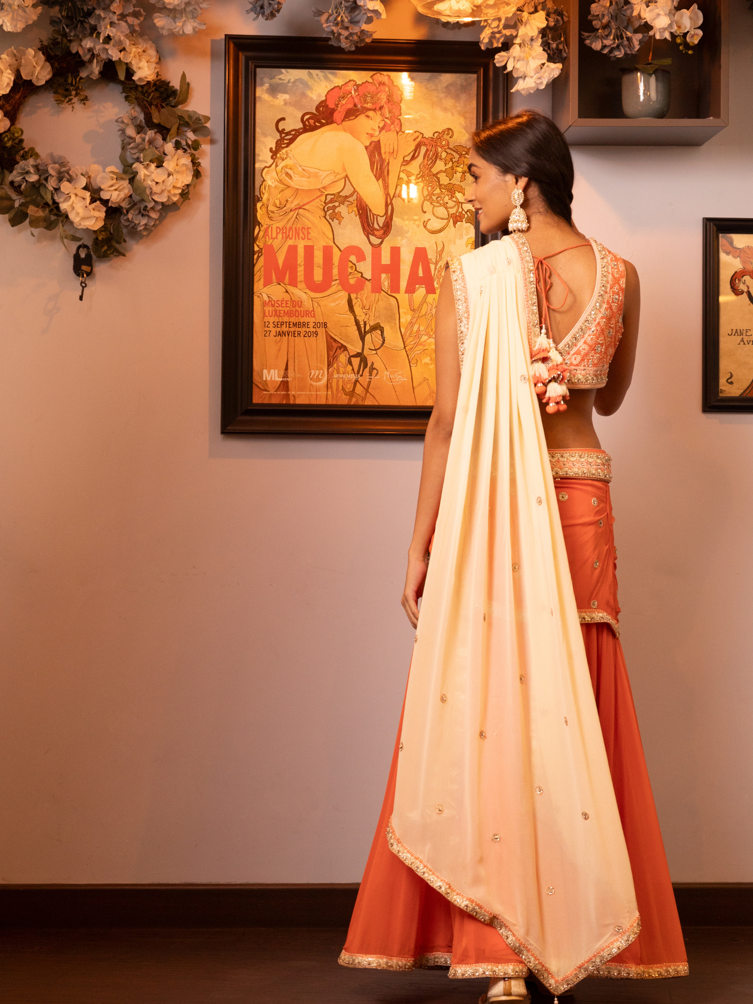 Orange Embroidered Drape Saree Set