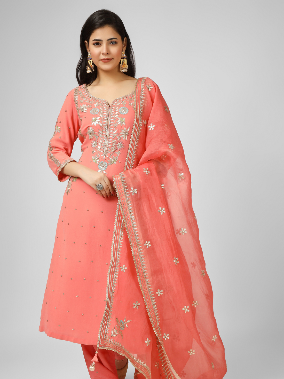 Orange Embroidered Georgette Kurta Suit Set