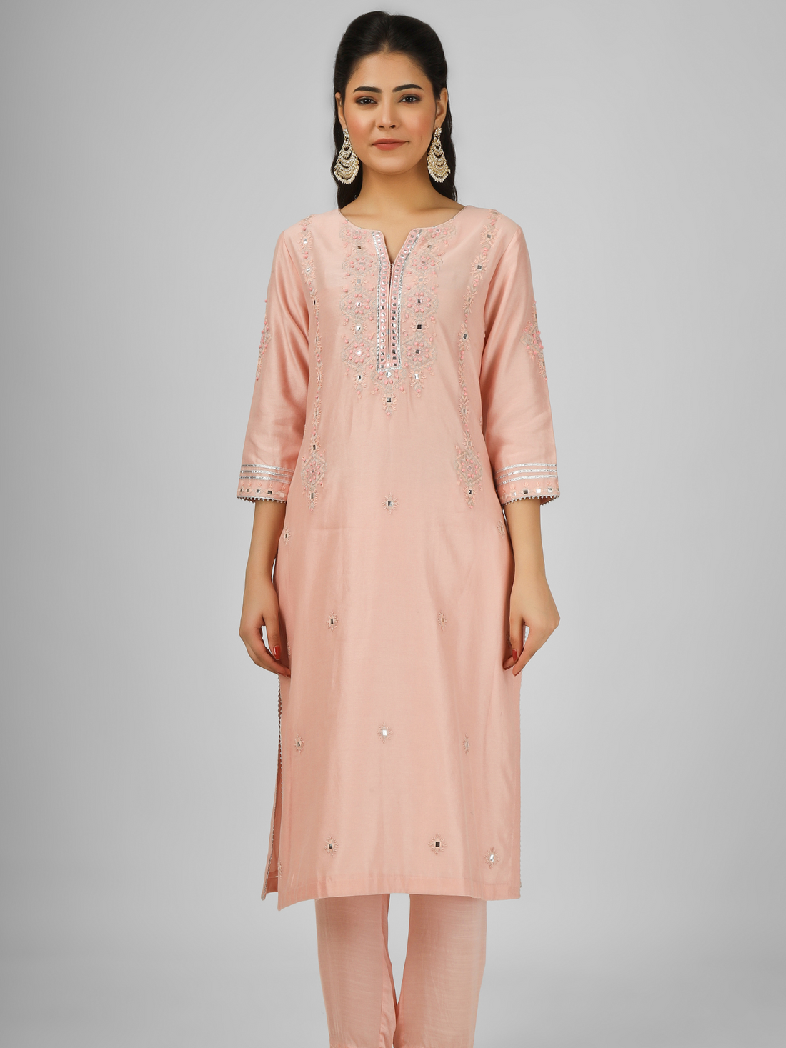 Peach Embroidered Silk Chanderi Kurta Set