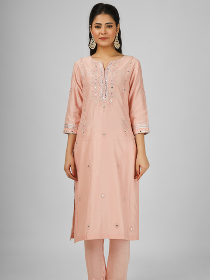 Peach Embroidered Silk Chanderi Kurta Set