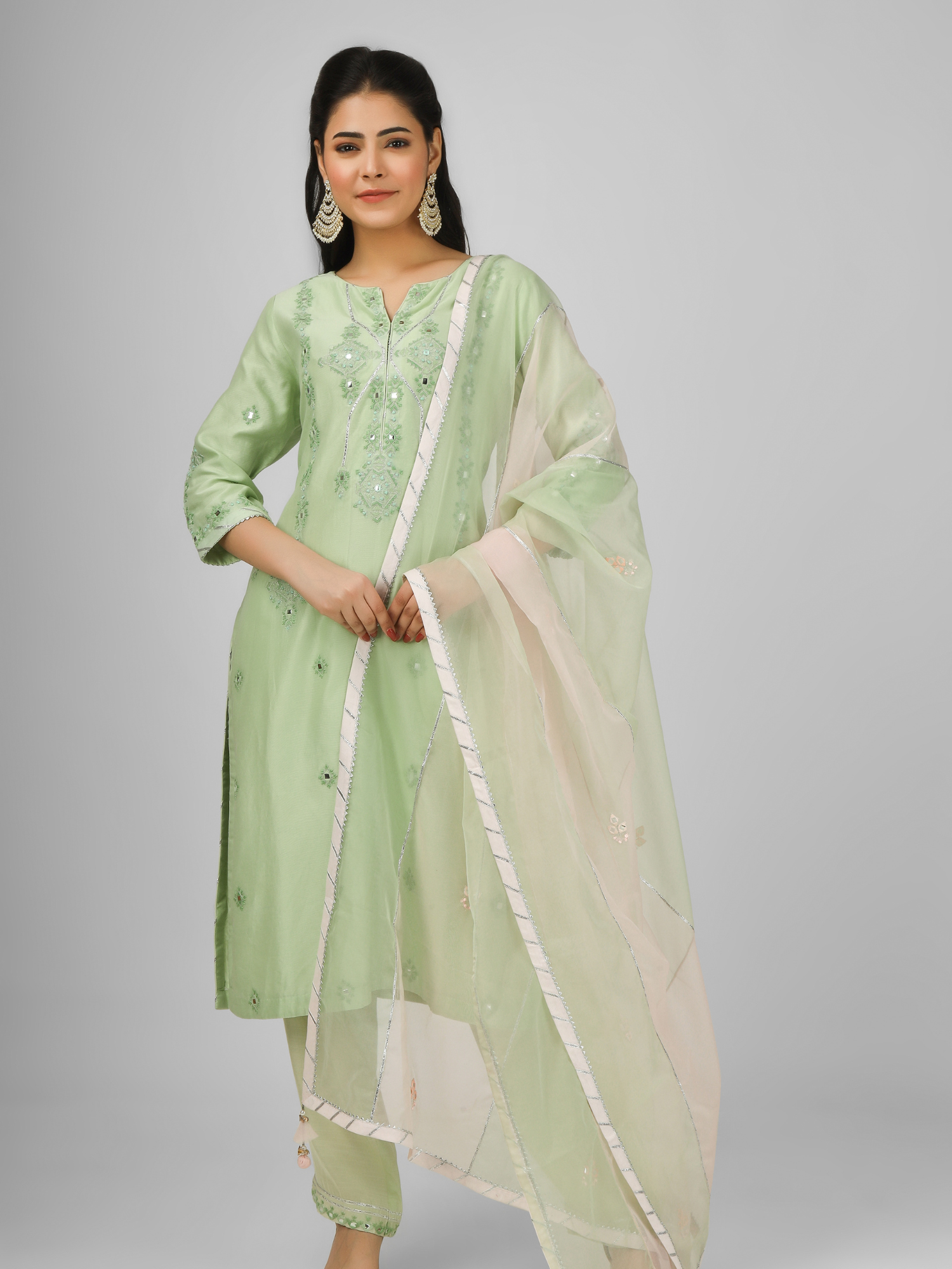 Lime Green Embroidered Silk Chanderi Kurta Set