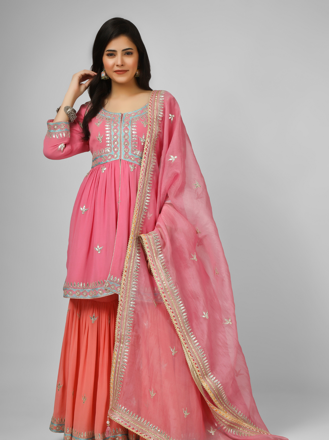 Pink Embroidered Georgette Kurta Sharara Set