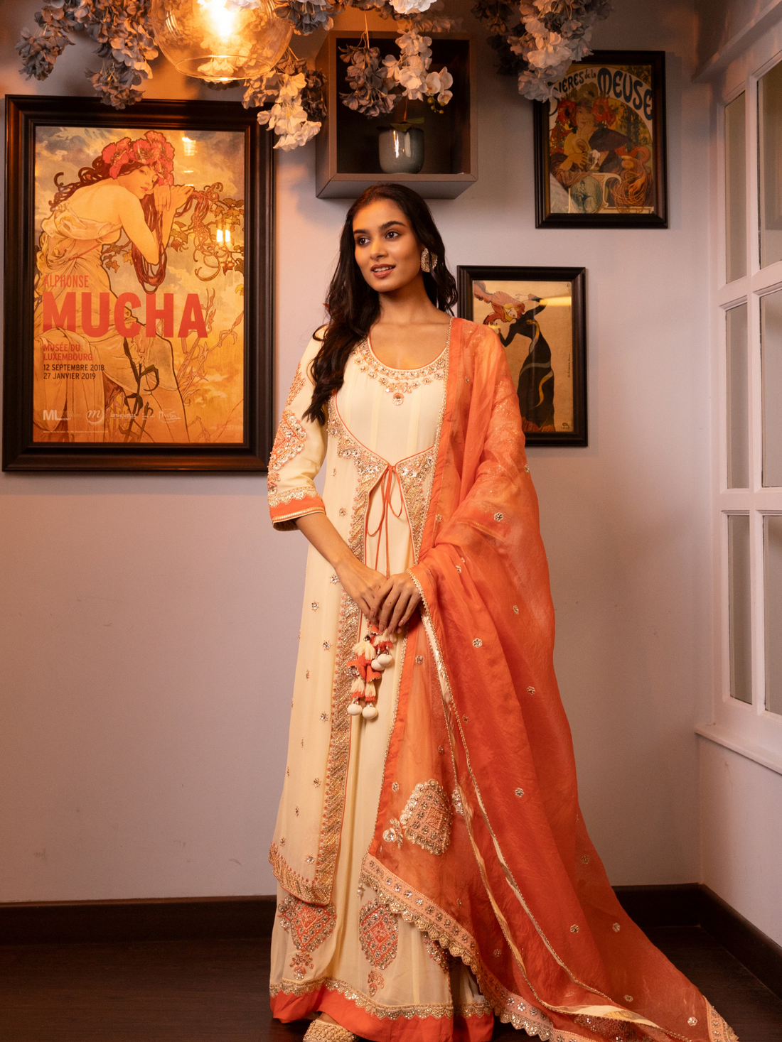 Off White Embroidered  Jacket Style Kalidar Kurta Set