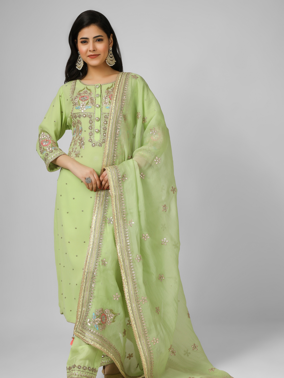 Lime Green Embroidered Georgette  Kurta Suit Set