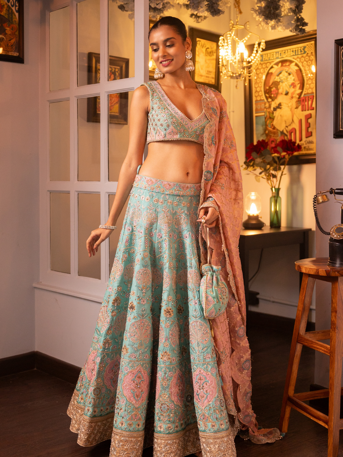 Turquoise Embroidered Silk Georgette Lehenga Blouse And Dupatta Set