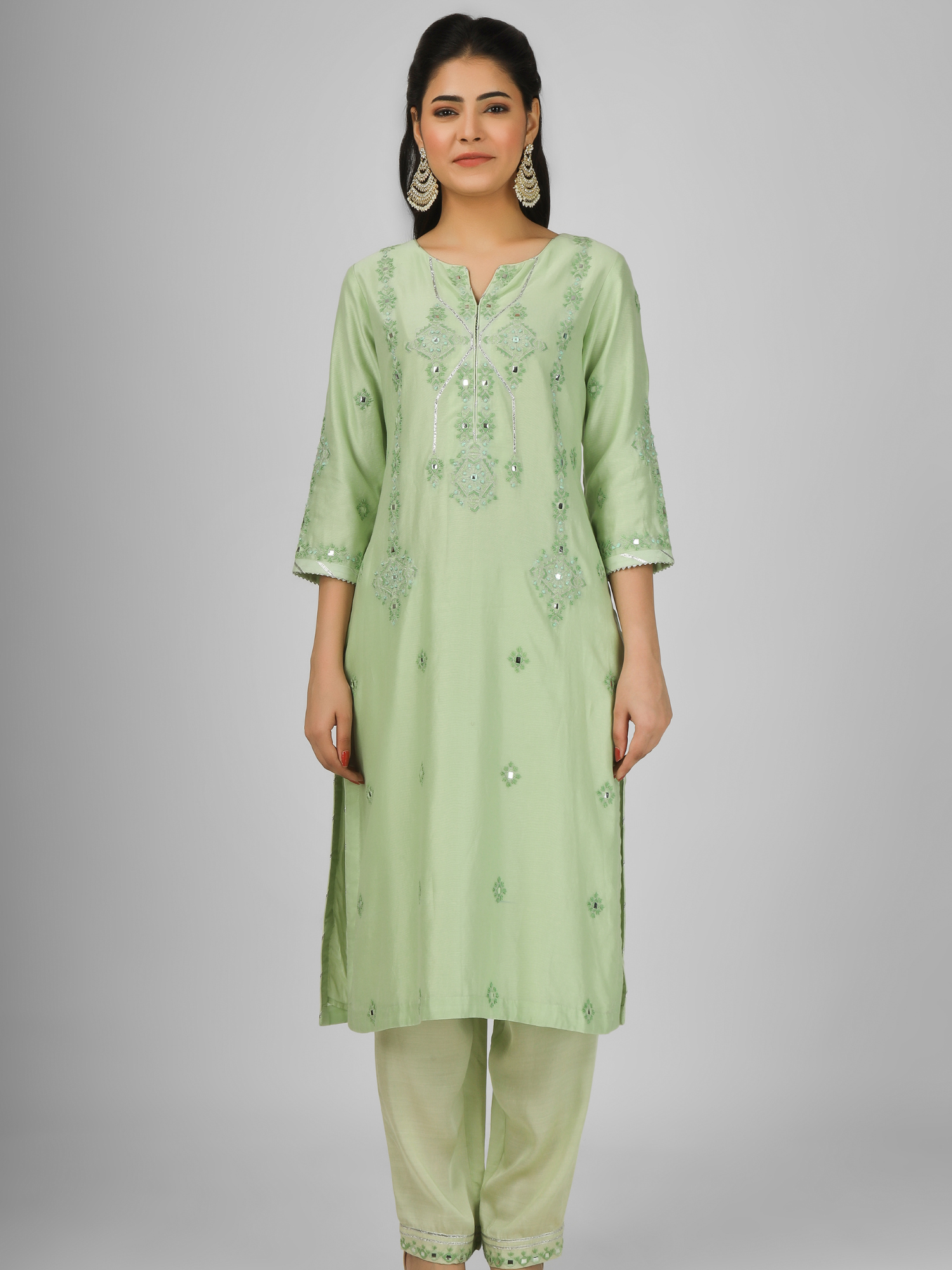 Lime Green Embroidered Silk Chanderi Kurta Set