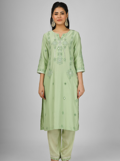 Lime Green Embroidered Silk Chanderi Kurta Set