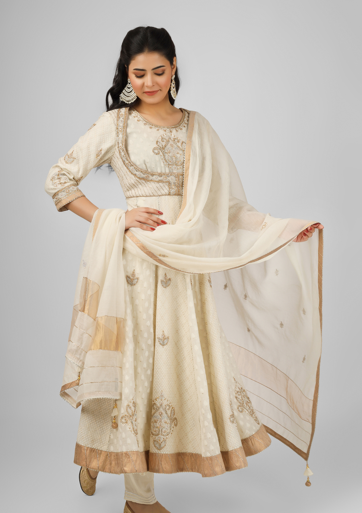 Waist Cut Kalidar Ivory Embroidered Chanderi Anarkali Set