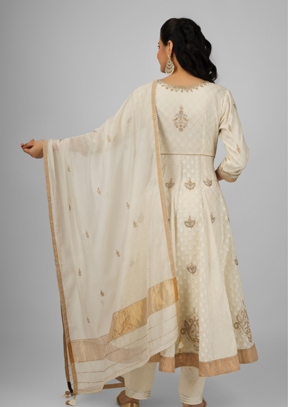 Waist Cut Kalidar Ivory Embroidered Chanderi Anarkali Set