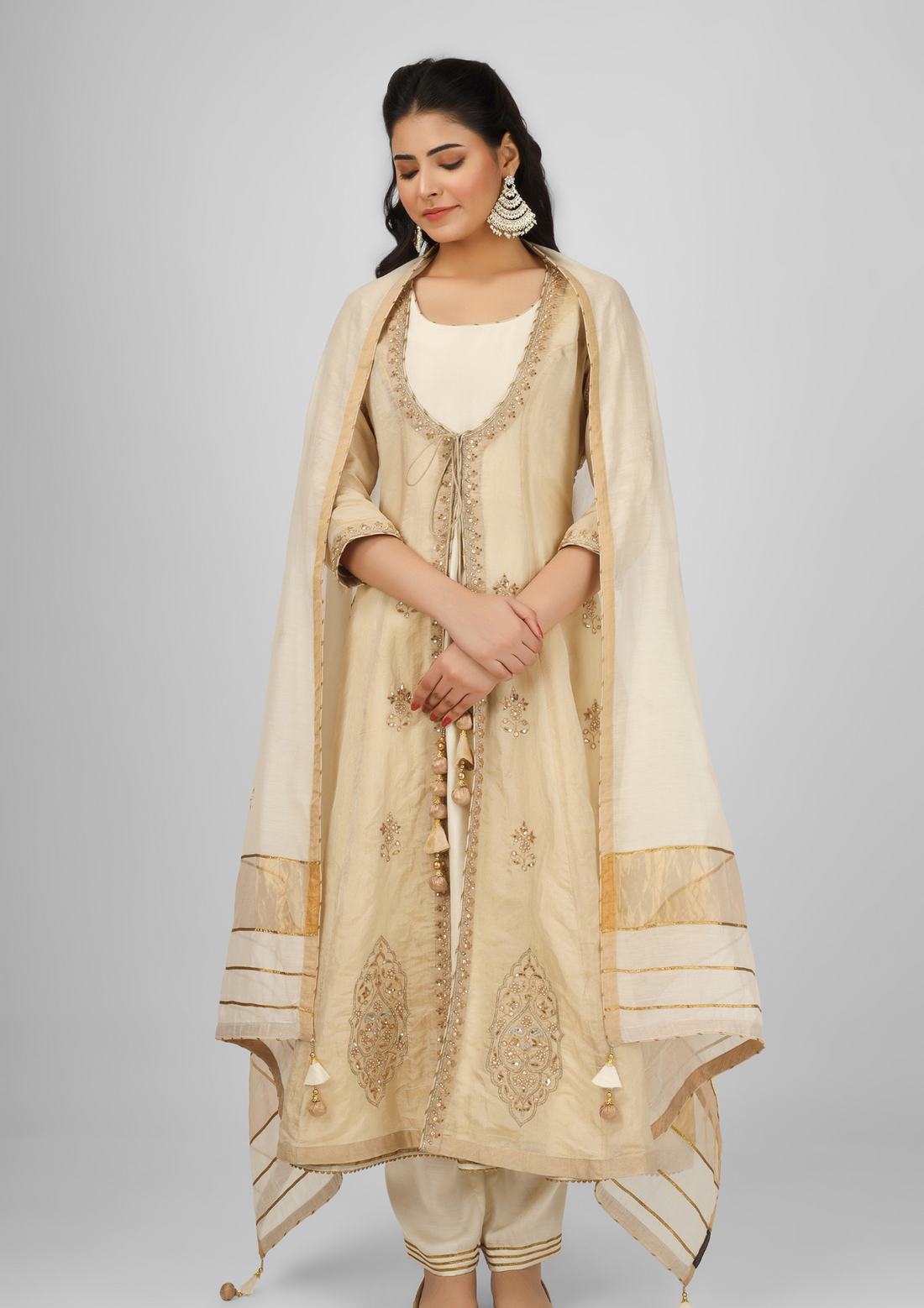 Jacket Style Kalidar Ivory Embroidered Chanderi  Anarkali Set