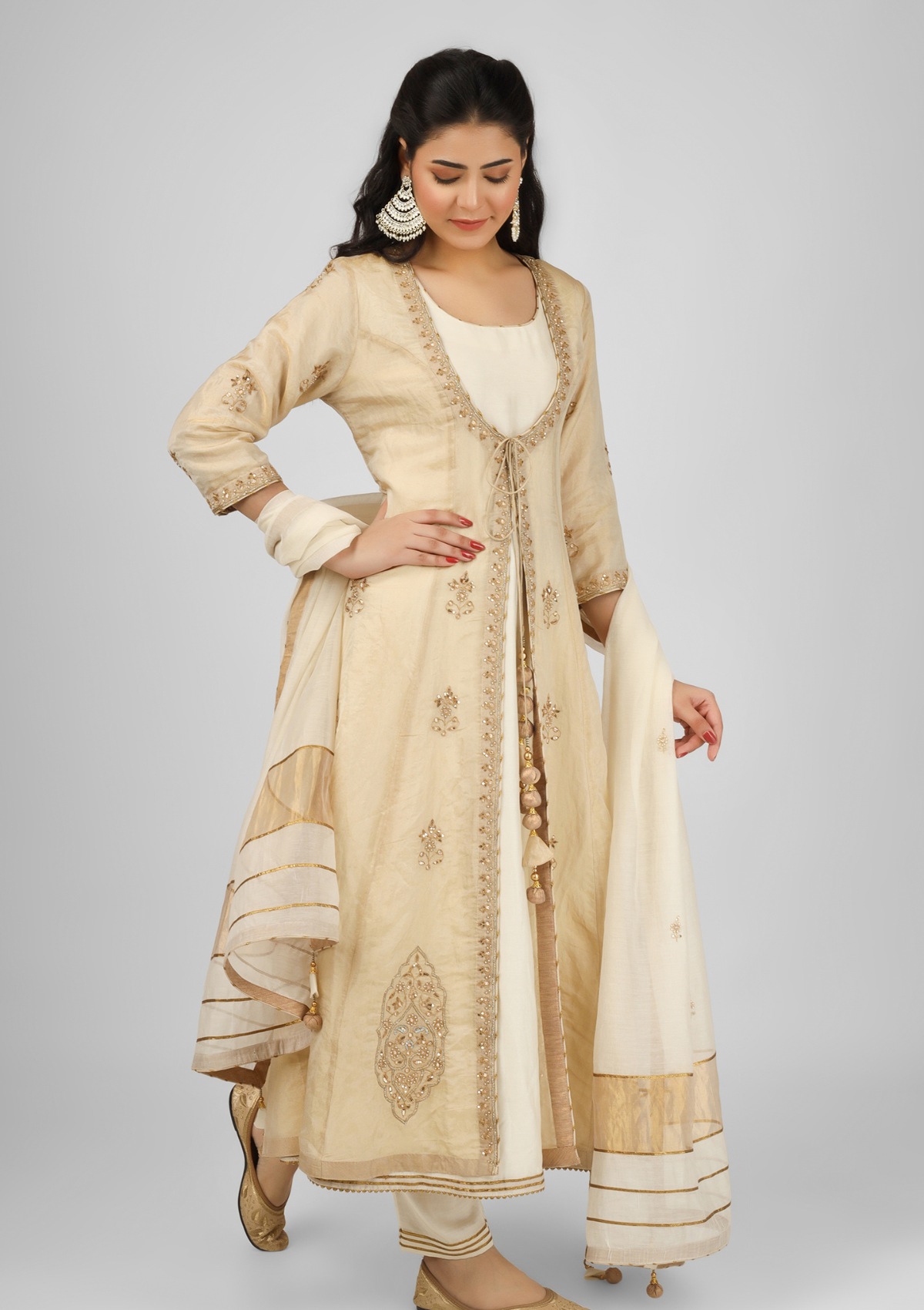 Jacket Style Kalidar Ivory Embroidered Chanderi  Anarkali Set