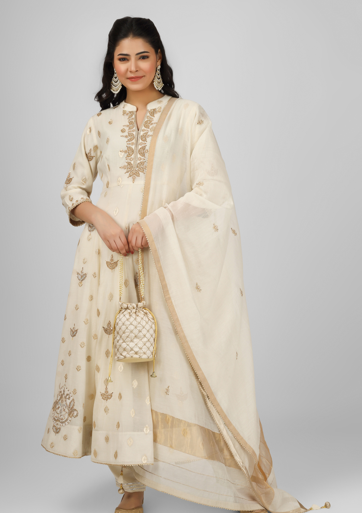 Anarkali Set Ivory Embroidered Chanderi Kalidar Kurta