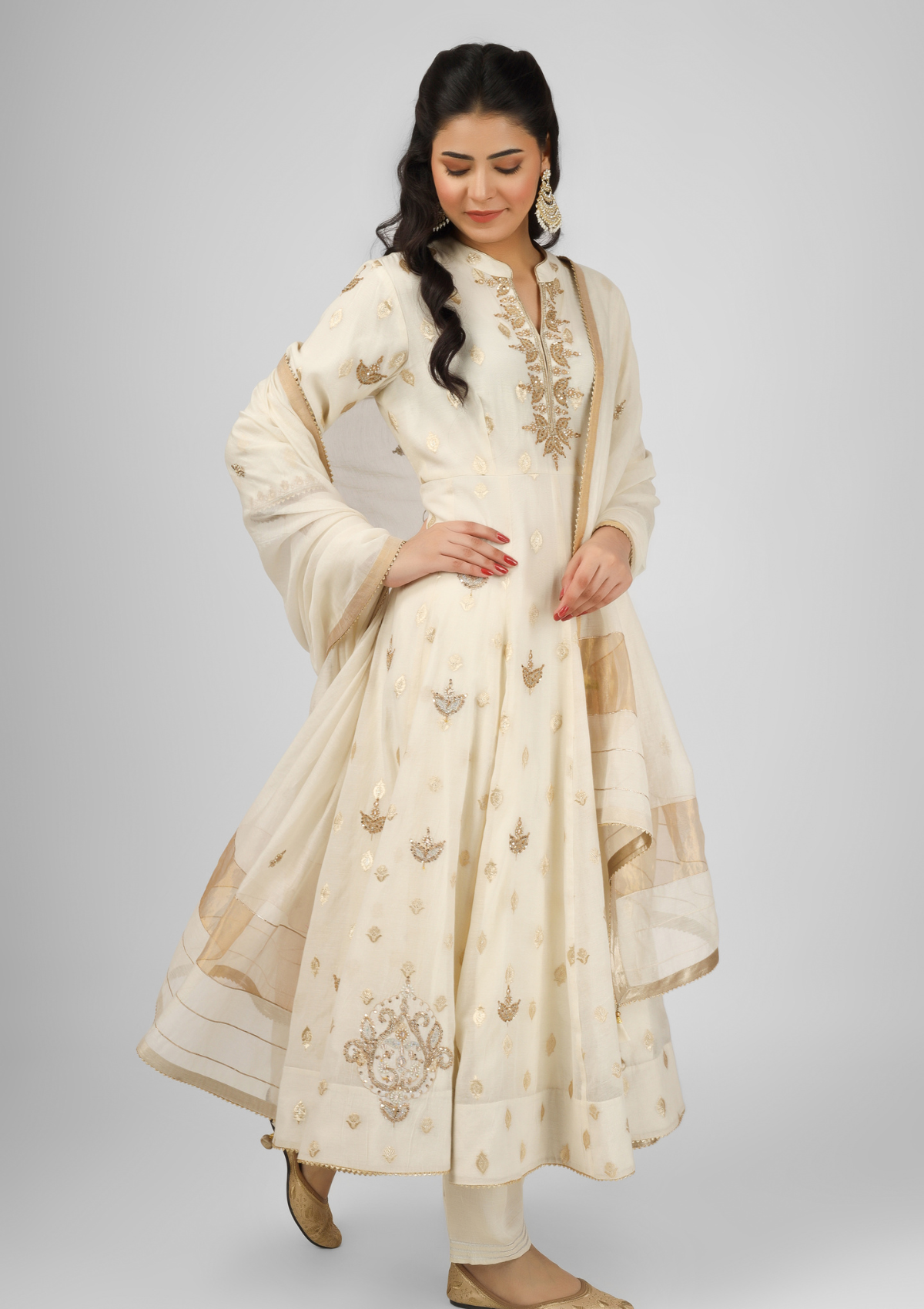 Anarkali Set Ivory Embroidered Chanderi Kalidar Kurta