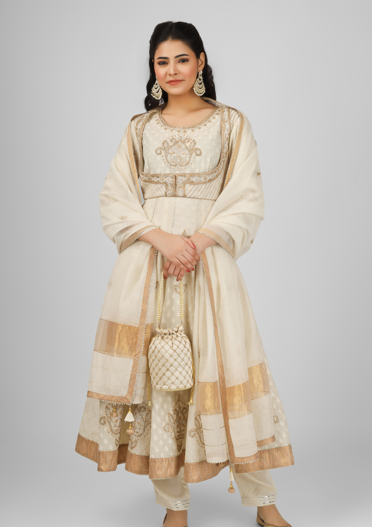 Waist Cut Kalidar Ivory Embroidered Chanderi Anarkali Set