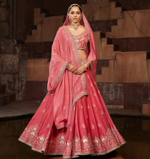 Red Embroidered Raw Silk Lehenga Set