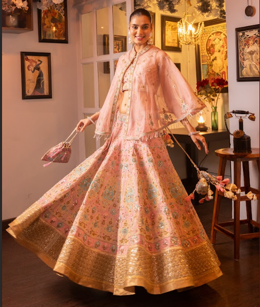 Pink Embroidered Silk Georgette Lehenga Cape And Blouse Set