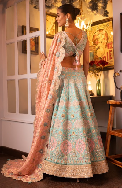 Turquoise Embroidered Silk Georgette Lehenga Blouse And Dupatta Set