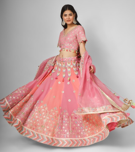 Pink Embroidered Georgette Lehenga Set