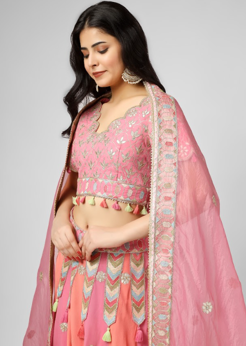 Pink Embroidered Georgette Lehenga Set