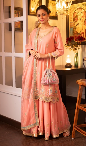 Pink Embroidered Silk Georgette Kurta Sharara Set