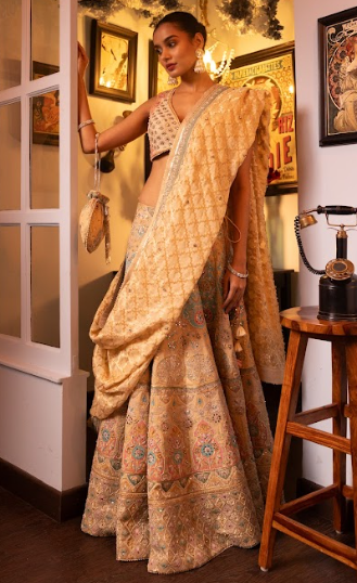 Beige Embroidered Silk Georgette Lehanga Blouse And Dupatta Set