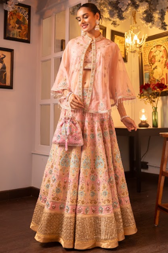 Pink Embroidered Silk Georgette Lehenga Cape And Blouse Set