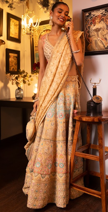 Beige Embroidered Silk Georgette Lehanga Blouse And Dupatta Set