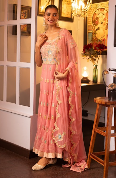 Pink Embroidered Net Anarkali Set