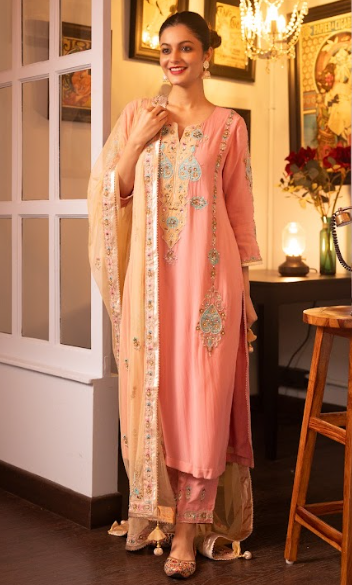 Pink Embroidered Silk Georgette Kurta Set