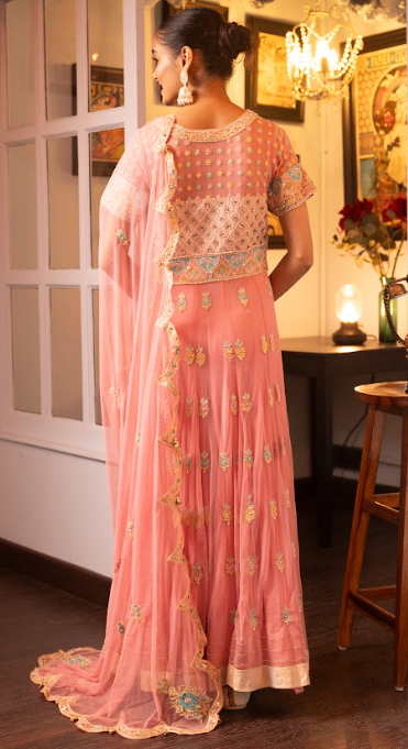 Pink Embroidered Net Anarkali Set