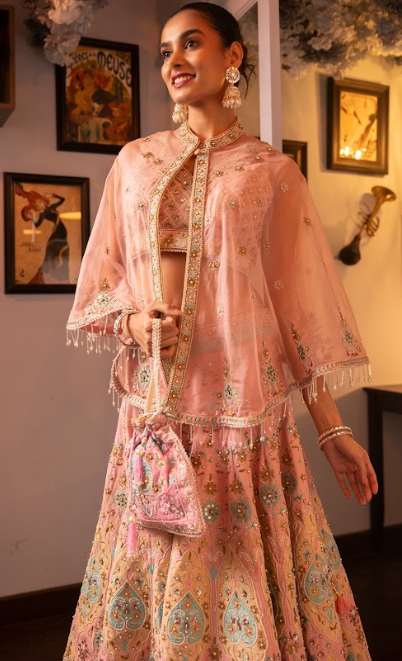 Pink Embroidered Silk Georgette Lehenga Cape And Blouse Set