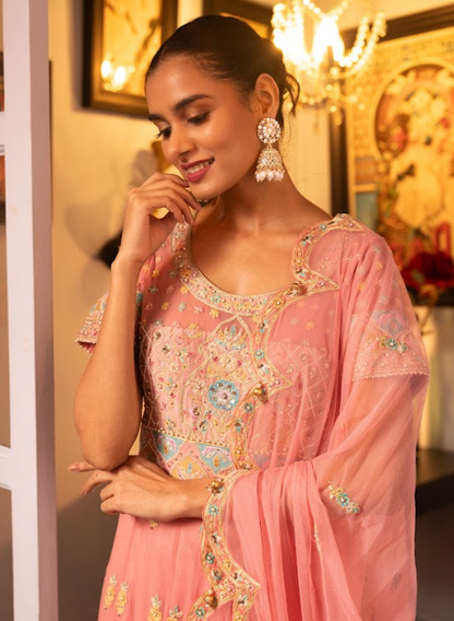 Pink Embroidered Net Anarkali Set