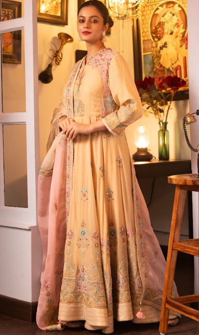 Beige Embroidered Silk Georgette Anarkali Set