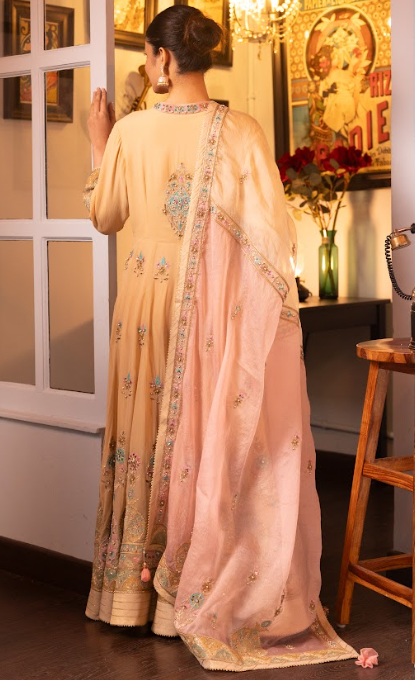 Beige Embroidered Silk Georgette Anarkali Set