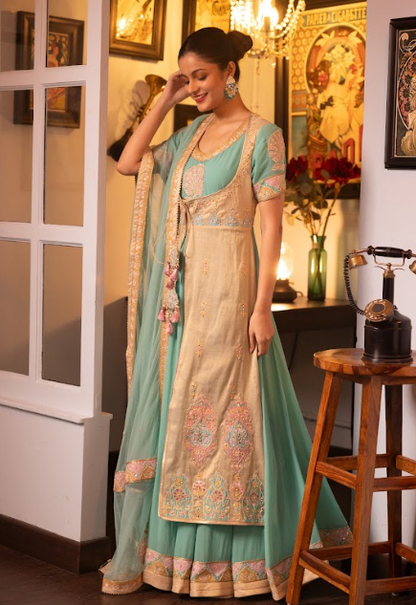 Turquoise Embroidered Silk Georgette Anarkali Set