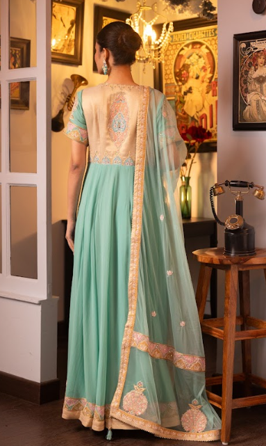 Turquoise Embroidered Silk Georgette Anarkali Set