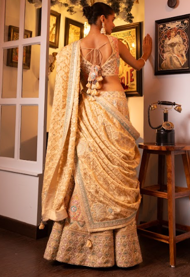 Beige Embroidered Silk Georgette Lehanga Blouse And Dupatta Set