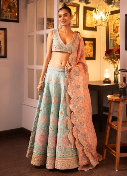 Turquoise Embroidered Silk Georgette Lehenga Blouse And Dupatta Set