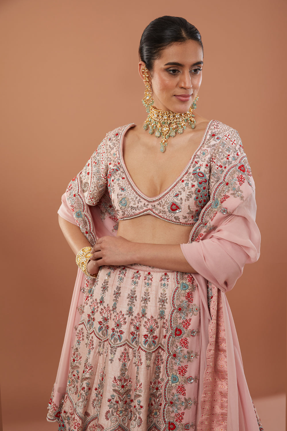 Pink Raw Silk Hand Embroidered Lehanga Set