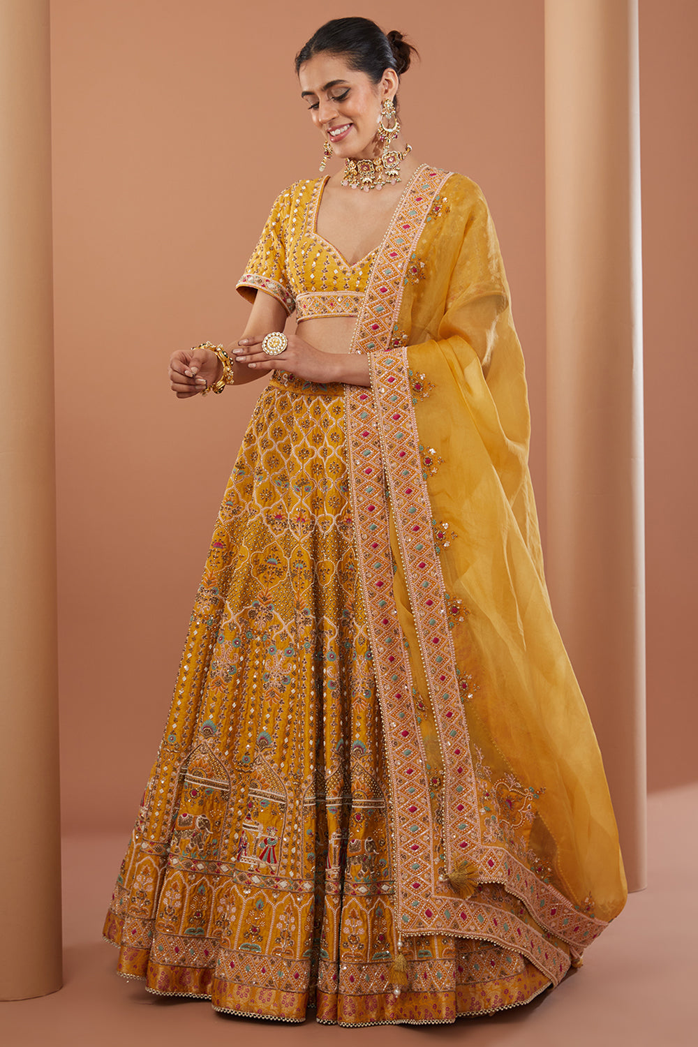 Yellow Raw Silk Hand Embroidered Lehanga Set