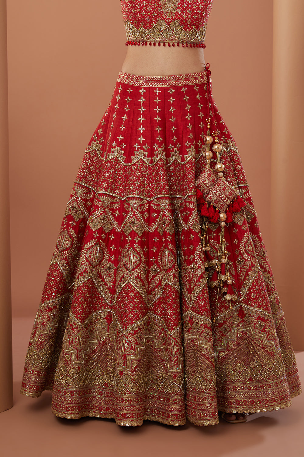 Red Raw Silk Hand Embroidered Lehanga Set