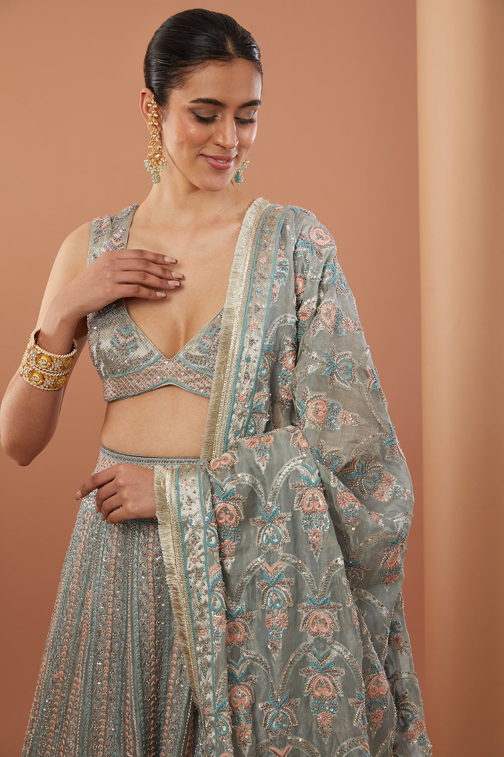 Grey Organza Tissue Hand Embroidered Lehanga Set