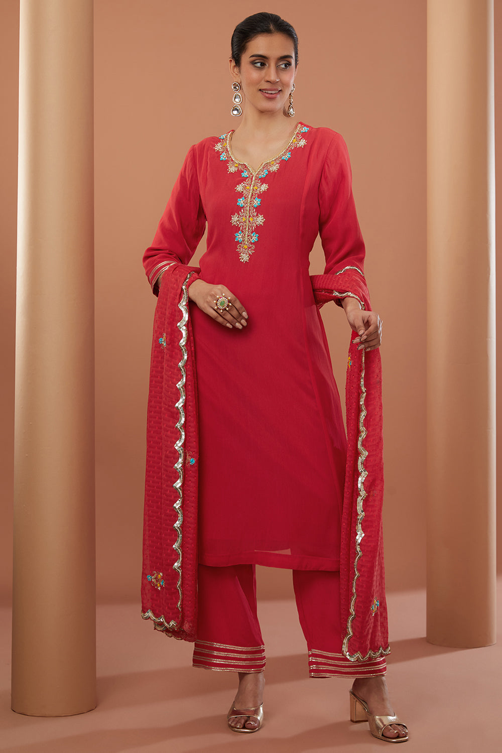 Red Georgette Hand Embroidered Kurta Suit Set